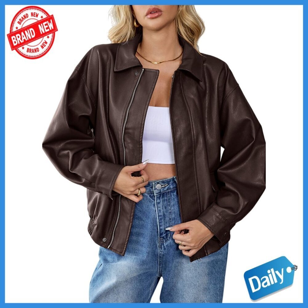 Faux Leather Bomber Jacket Oversized Fit Long Sleeve Zip Up